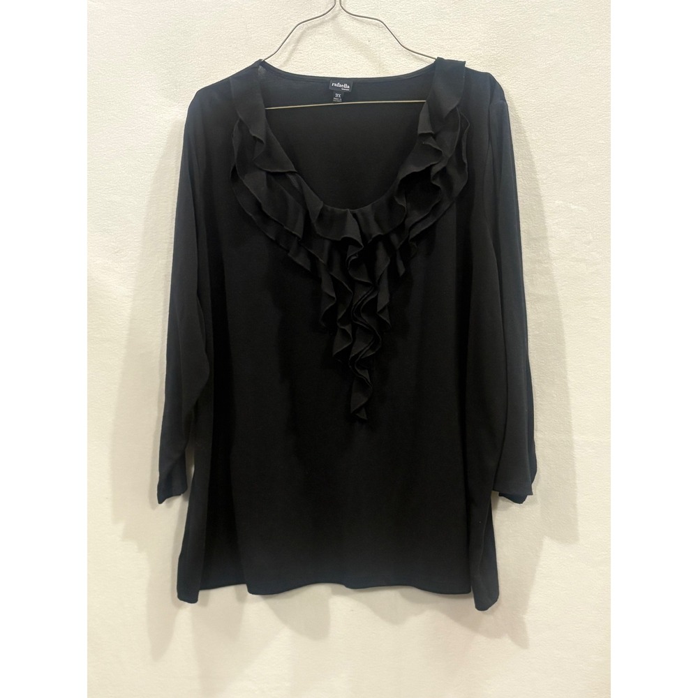 Rafaella Woman Black Ruffle V-Neck 3/4 Sleeve Knit Top Blouse Plus Size 3X